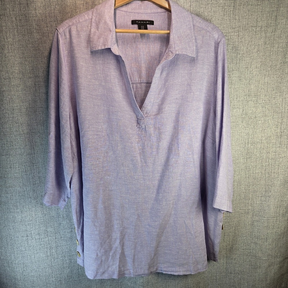 Tahari Womens Top Purple Linen Blend Collar V Neck‎ Button Trim 1X Coastal